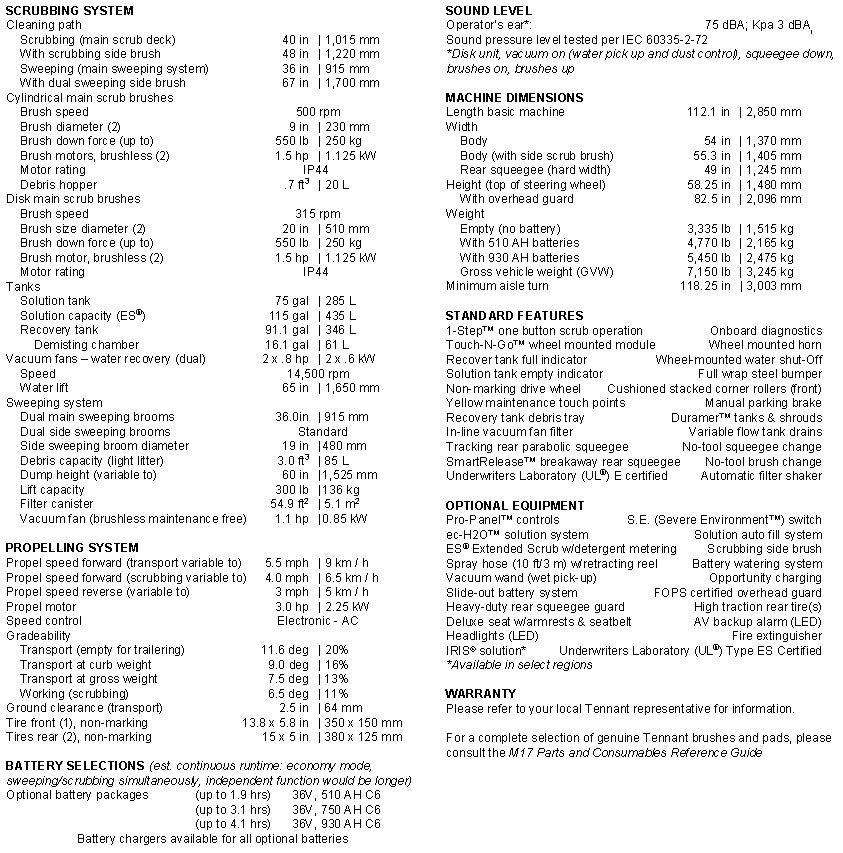 M17 Battery-Powered Rider Sweeper-Scrubber specs M17 Battery-Powered Rider Sweeper-Scrubber