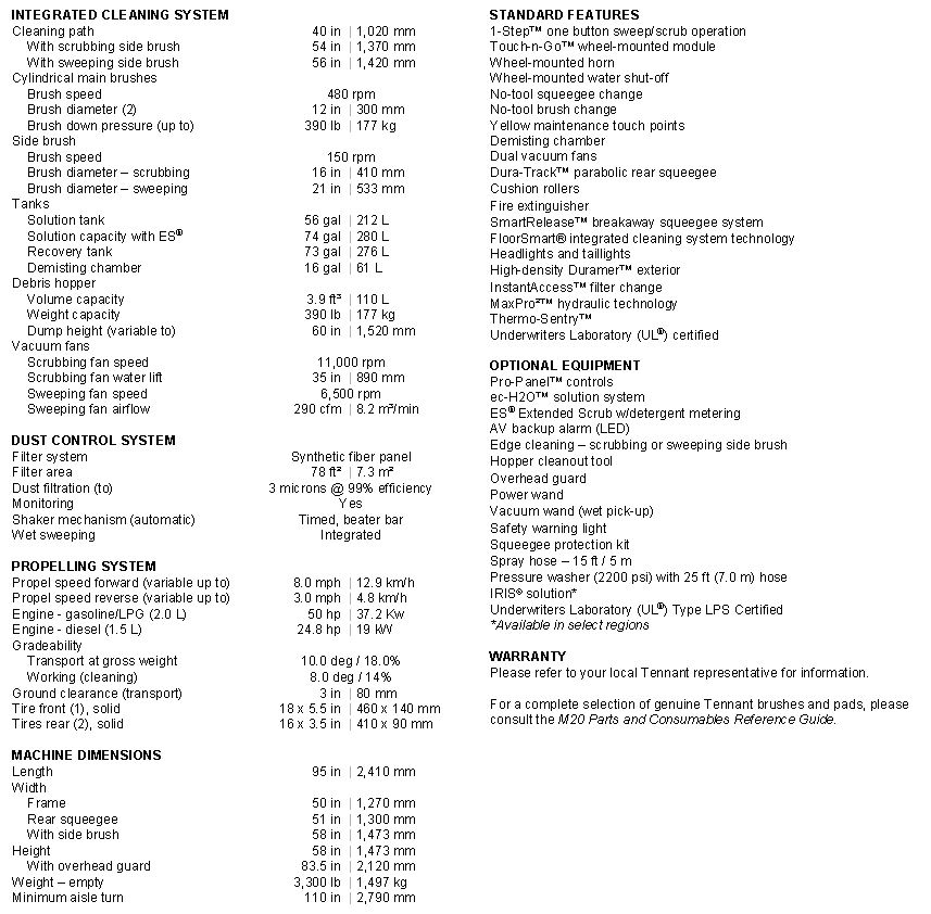 M20 Integrated Rider Sweeper-Scrubber specs M20 Integrated Rider Sweeper-Scrubber